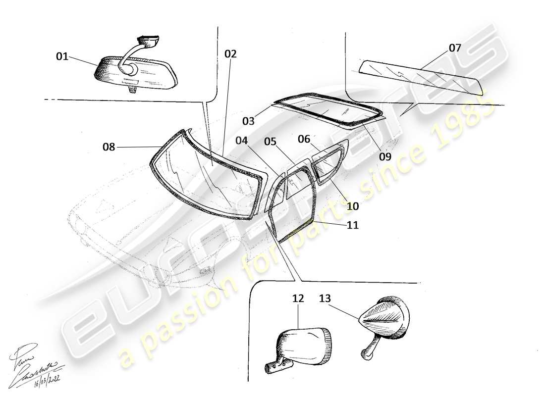 lamborghini espada glas und dichtungen teilediagramm