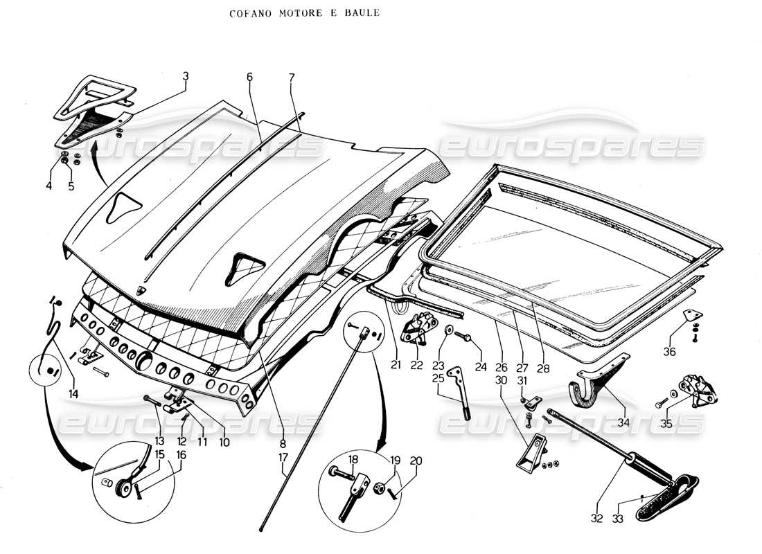 lamborghini espada motorhaube und kofferraum teilediagramm
