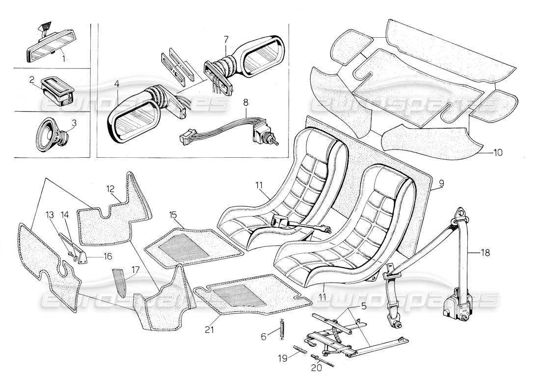 lamborghini countach 5000 s (1984) sitze, zubehör und verkleidungen teilediagramm