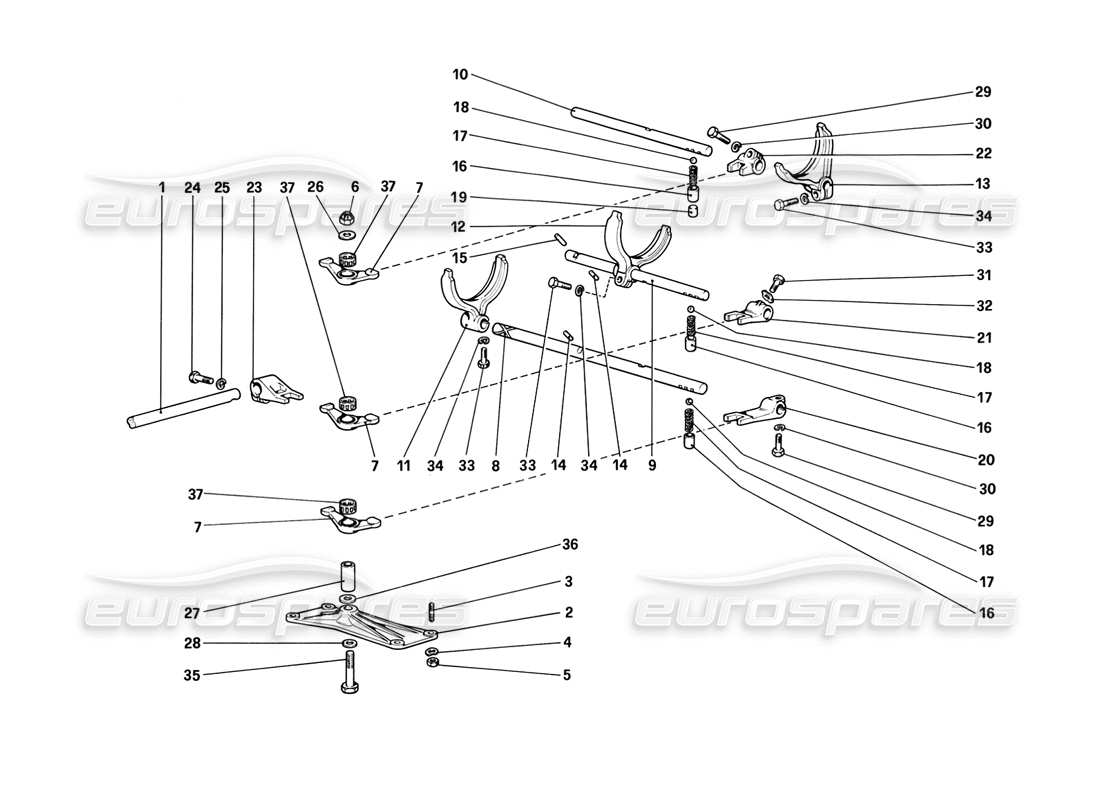 ferrari mondial 3.2 qv (1987) teilediagramm für die internen getriebesteuerungen