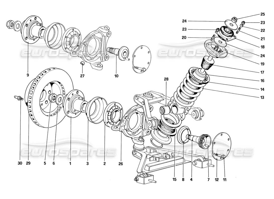 ferrari 328 (1988) vorderradaufhängung - stoßdämpfer und bremsscheibe (ab autonummer 76626) teilediagramm