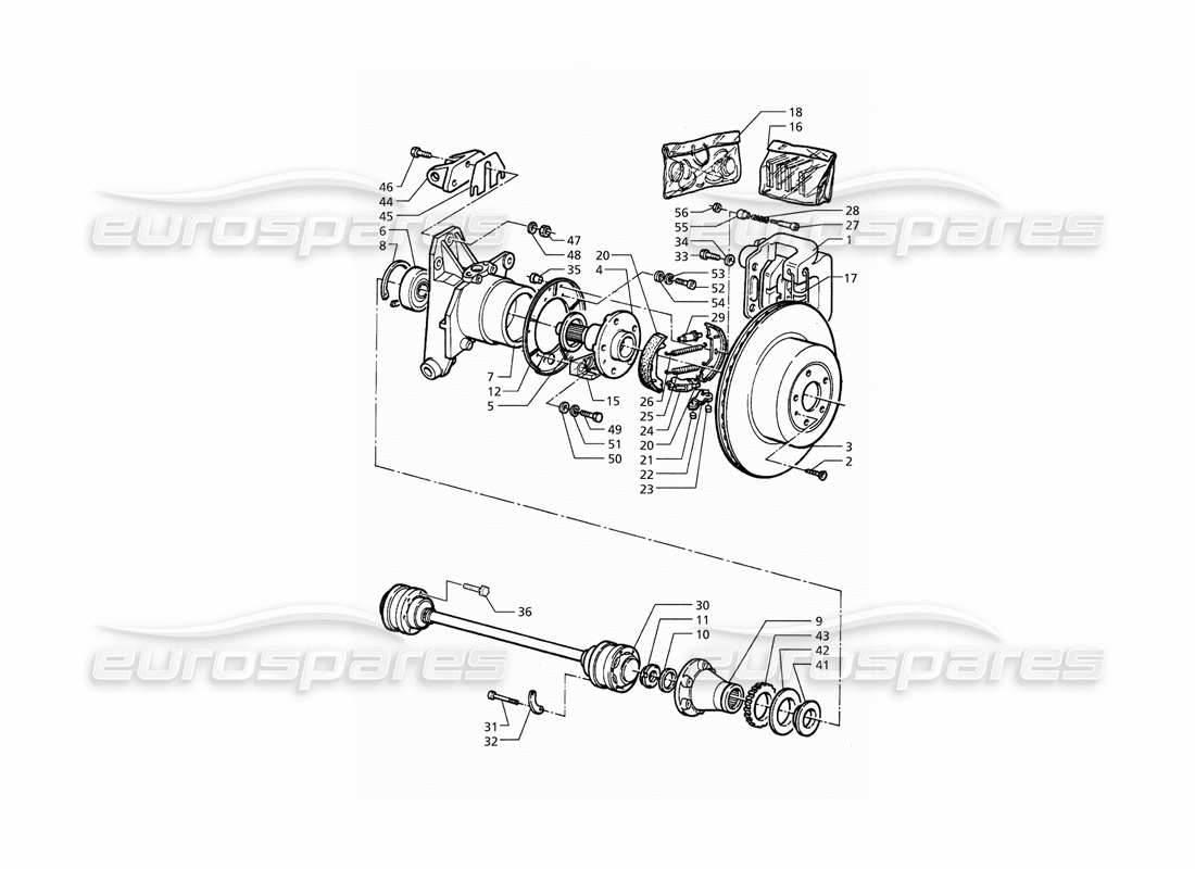 maserati qtp. 3.2 v8 (1999) teilediagramm für naben, hinterradbremsen mit abs und antriebswellen