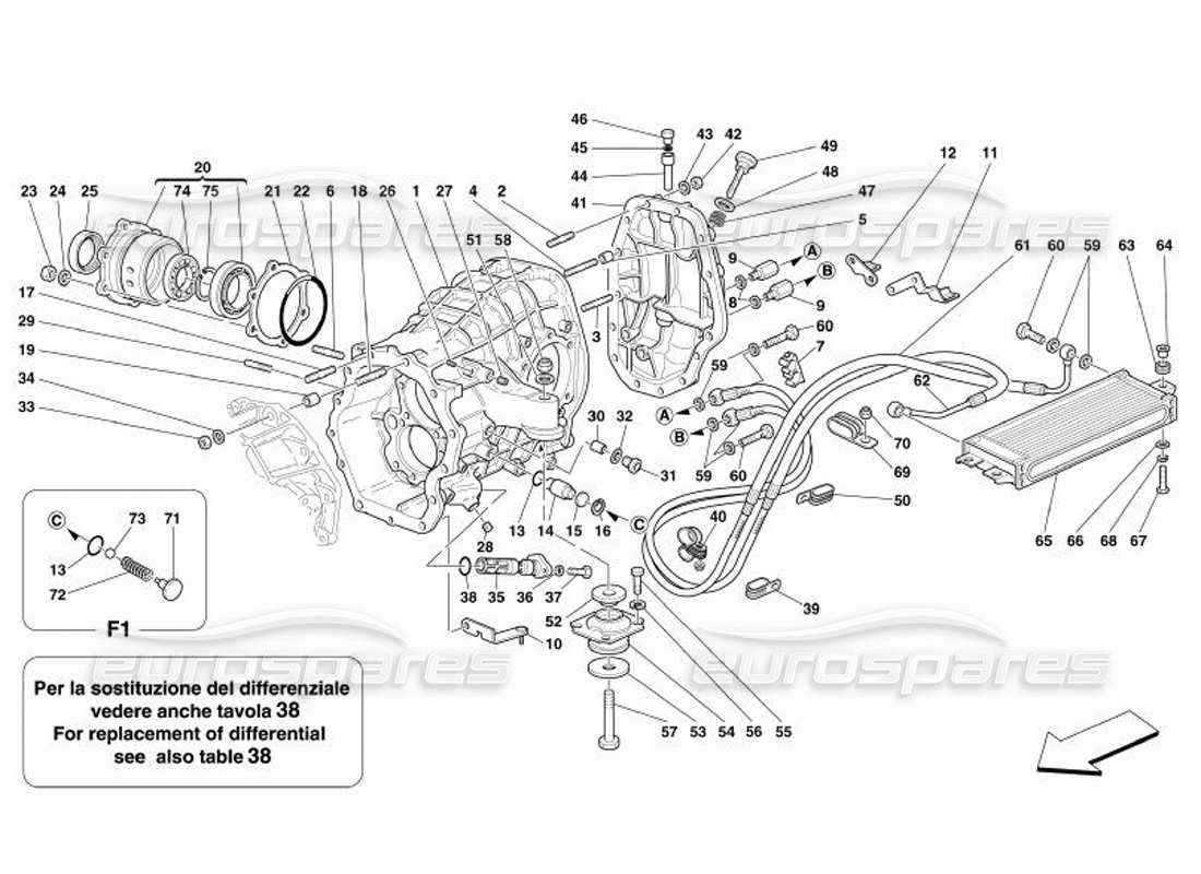 ferrari 575 superamerica teilediagramm für differentialträger und kupplungskühler