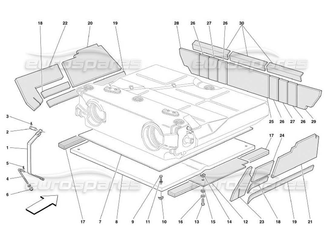 ferrari 575 superamerica kraftstofftank - teilediagramm für isolierung und schutz