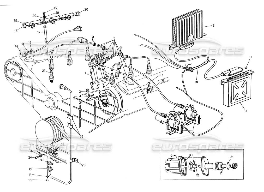 maserati 222 / 222e biturbo zündsystem - verteiler-teilediagramm