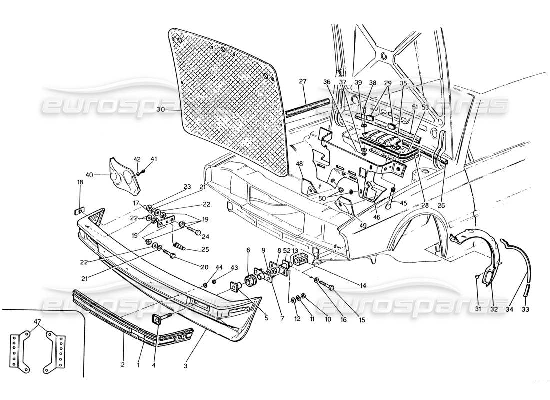 maserati 222 / 222e biturbo teilediagramm für frontstoßstange und schallschutzfilze