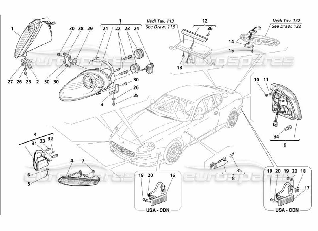 maserati 4200 gransport (2005) teilediagramm für vorder- und rücklichter