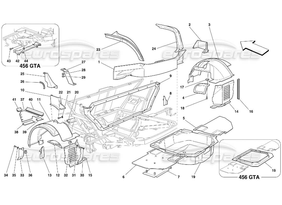 ferrari 456 gt/gta teilediagramm für hintere strukturen und komponenten