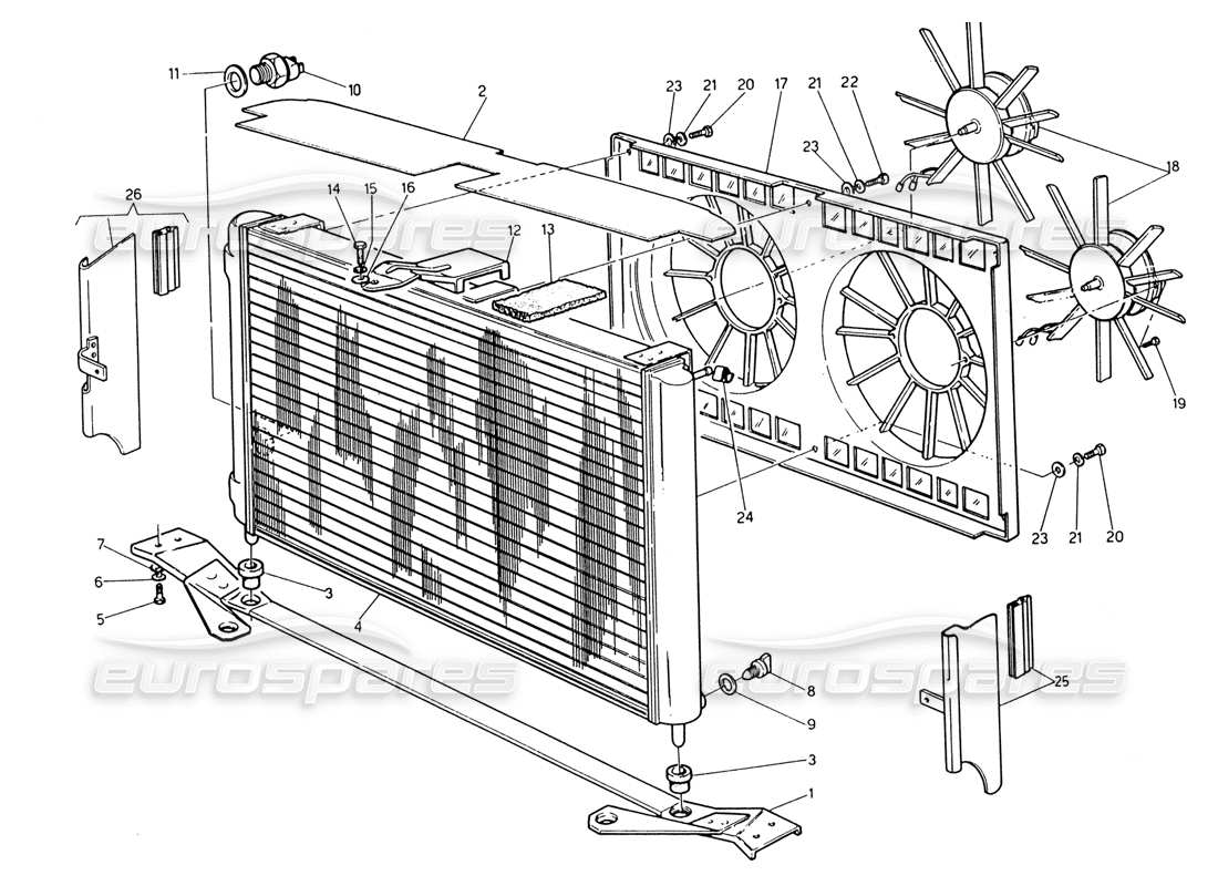 maserati 222 / 222e biturbo teilediagramm für kühler und kühllüfter