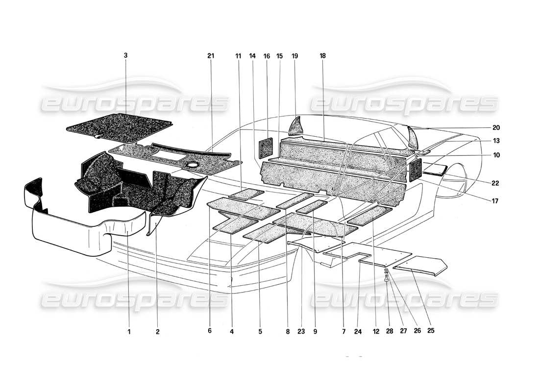 ferrari testarossa (1987) teilediagramm für gepäckraumteppich und isolierplatten
