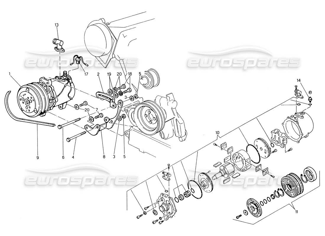 maserati 222 / 222e biturbo teilediagramm für luftkompressor und halterungen