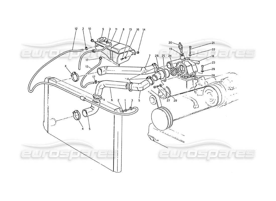 maserati biturbo 2.5 (1984) teilediagramm für motorkühlrohre und thermostat