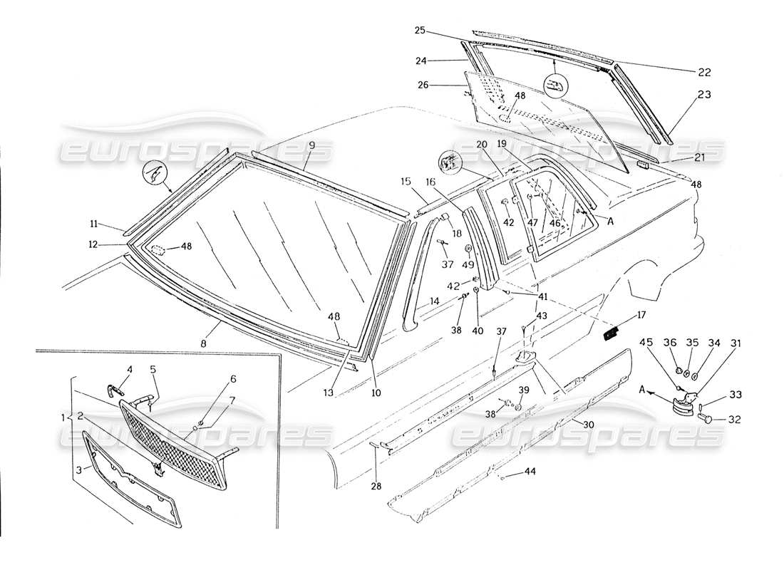 maserati karif 2.8 kühlergrill, zierblenden-festverglasung - teilediagramm