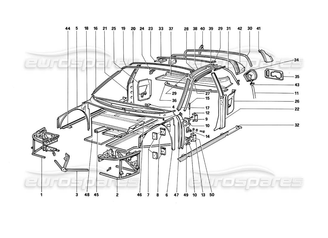 ferrari testarossa (1990) karosserie - teilediagramm der internen komponenten