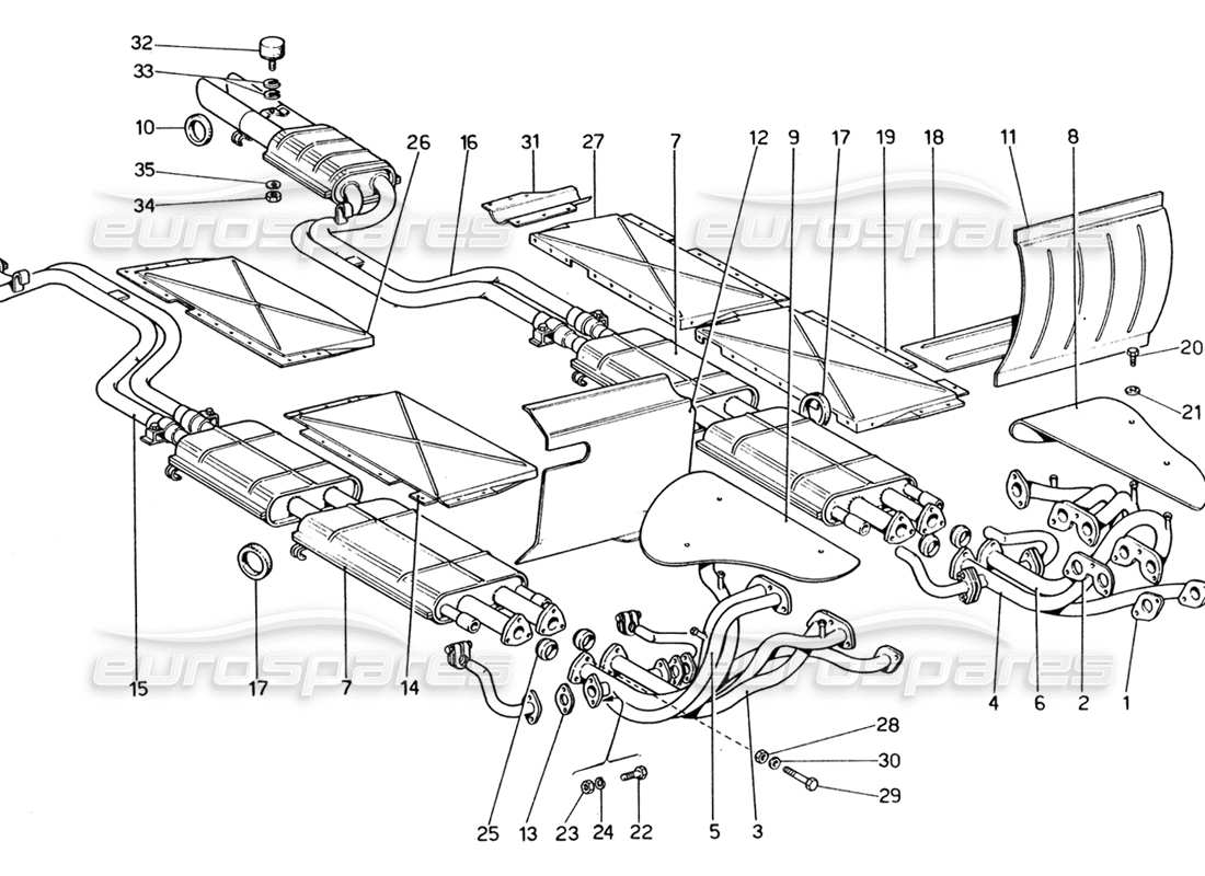 ferrari 365 gt4 2+2 (1973) teilediagramm für abgaskrümmer und rohrleitungen