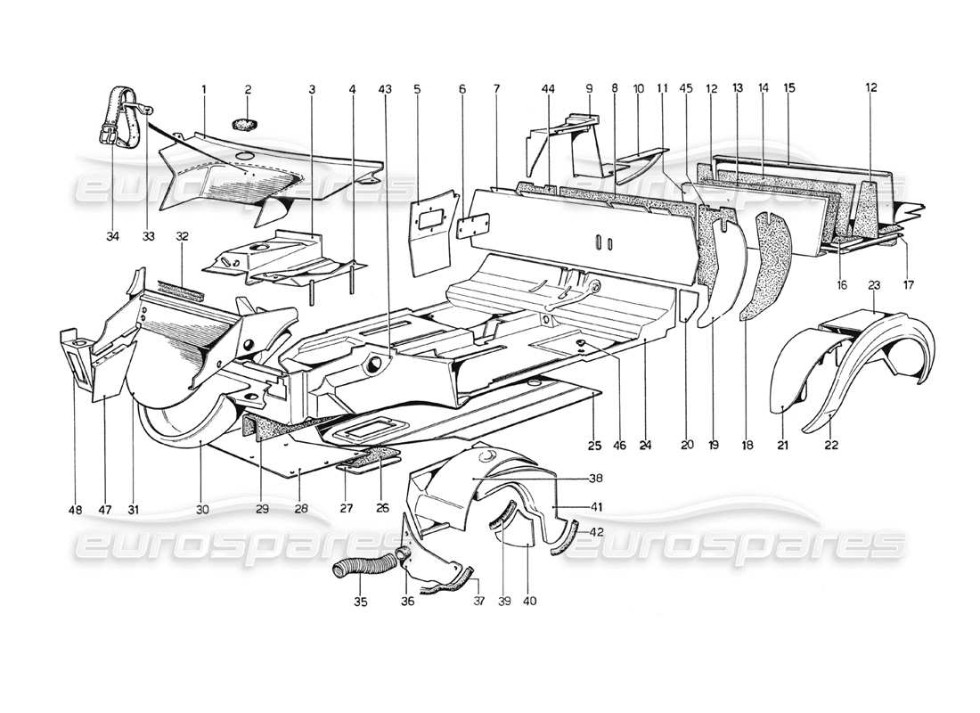 ferrari 208 gt4 dino (1975) körperschale – innere elemente teilediagramm