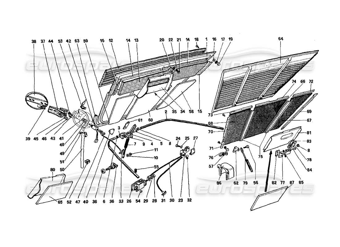 ferrari mondial 3.0 qv (1984) teilediagramm für motorraumdeckel und teppichboden