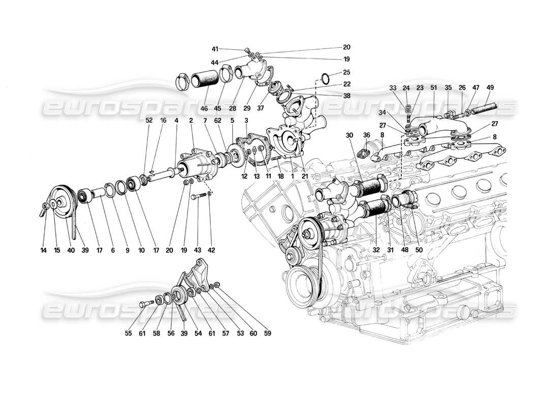 ferrari mondial 3.0 qv (1984) teilediagramm für wasserpumpe und rohrleitungen