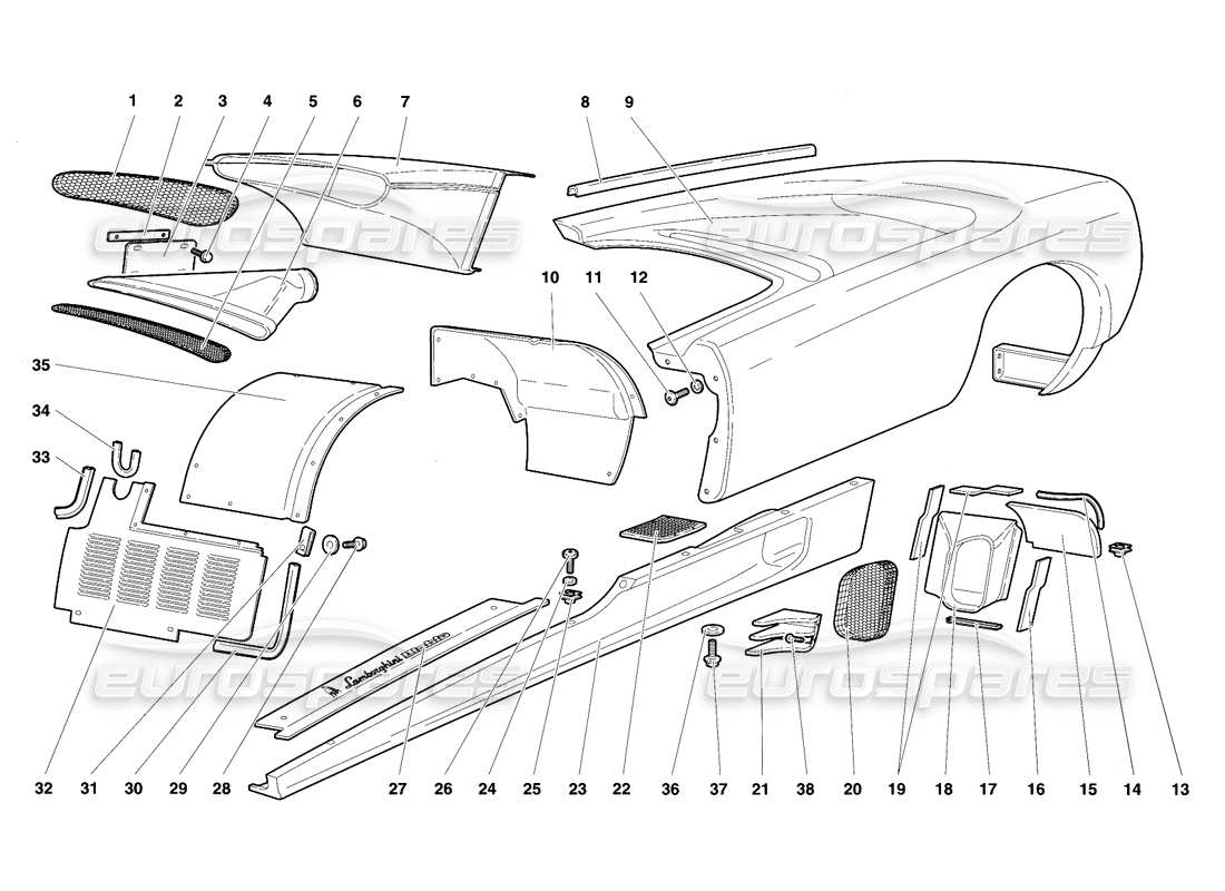 lamborghini diablo vt (1994) körperelemente – linke flanke teilediagramm