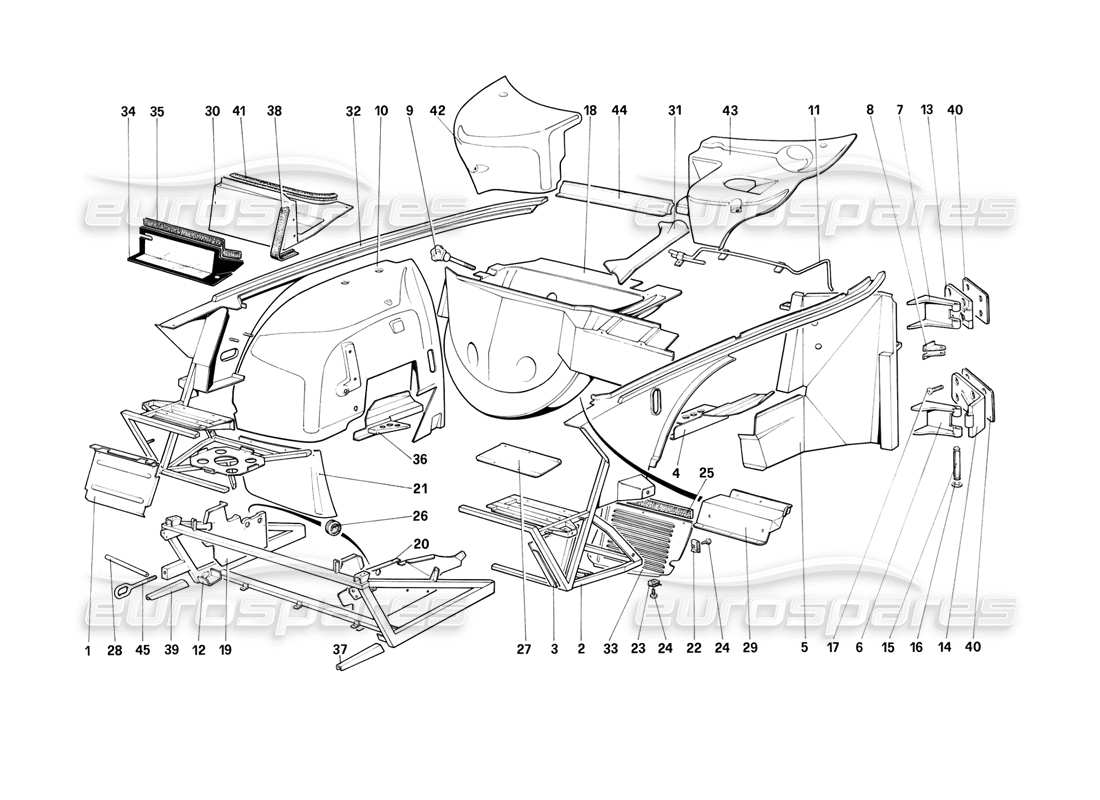 ferrari mondial 3.2 qv (1987) karosserie - innere elemente mit antirutsch-teilediagramm