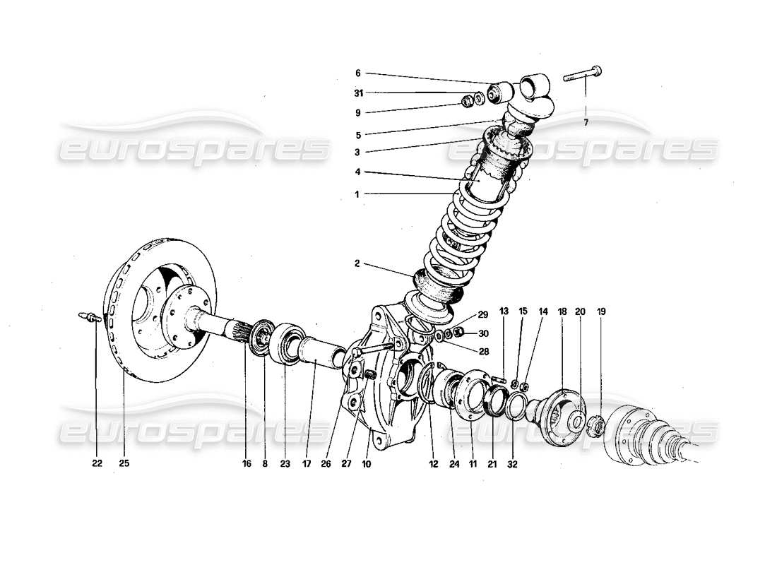 ferrari 308 quattrovalvole (1985) hinterradaufhängung - teilediagramm stoßdämpfer und bremsscheibe