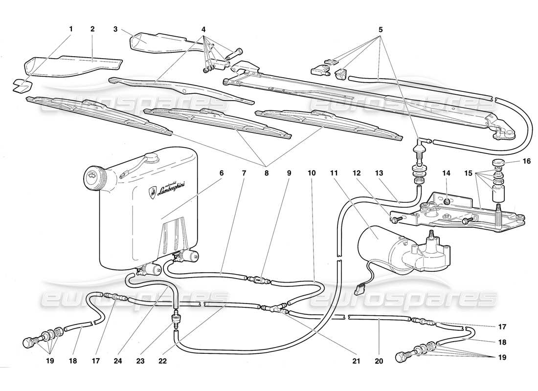 lamborghini diablo vt (1994) scheibenwischer und scheinwerferwaschanlage teilediagramm