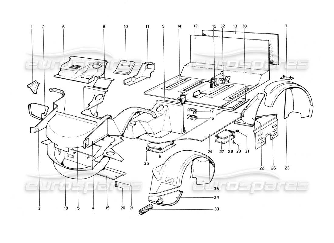 ferrari 512 bb karosserie - teilediagramm der inneren elemente