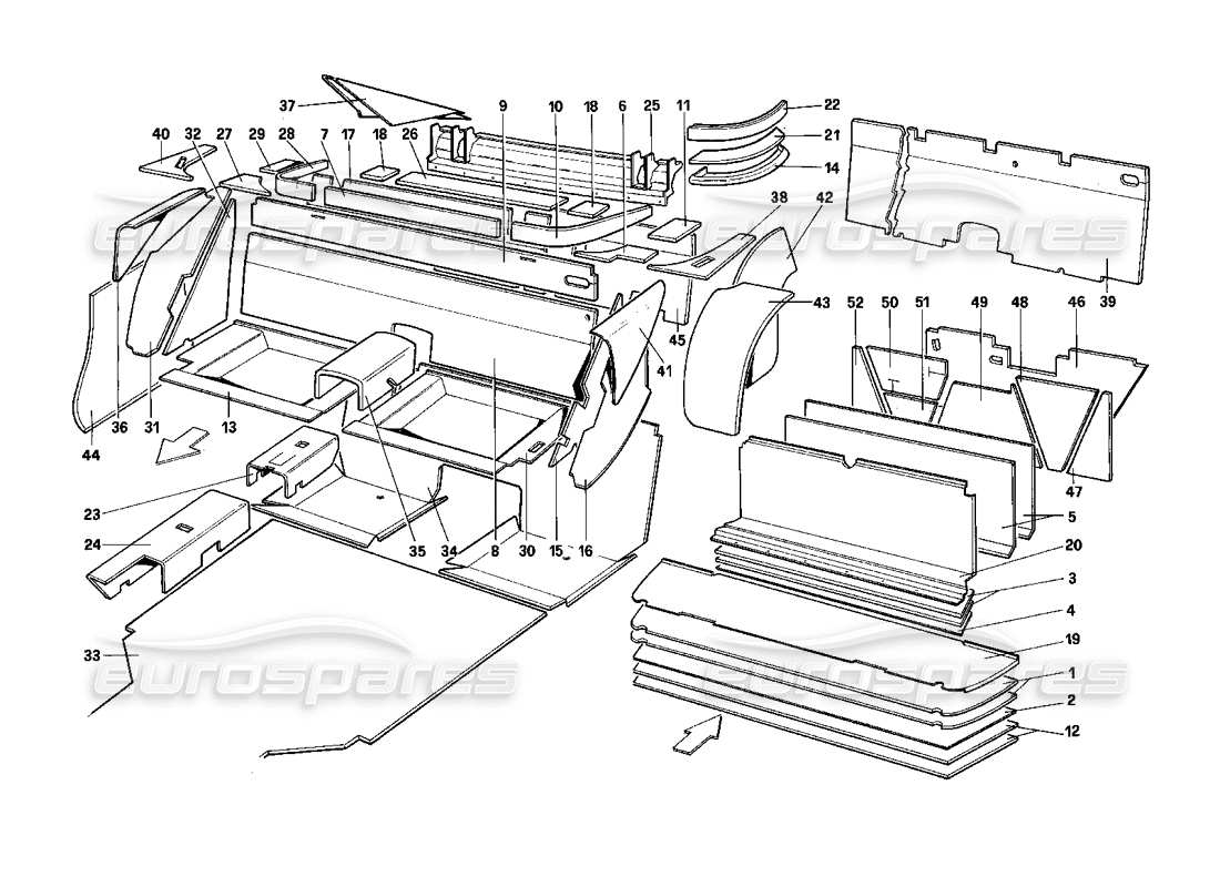 ferrari mondial 3.0 qv (1984) teilediagramm für gepäck- und fahrgastraumisolierung
