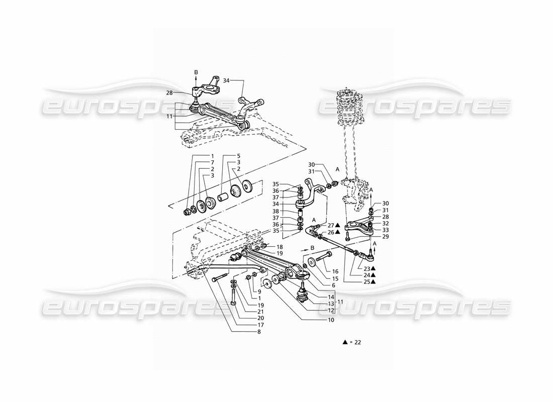 maserati qtp v8 (1998) vordere aufhängung teilediagramm