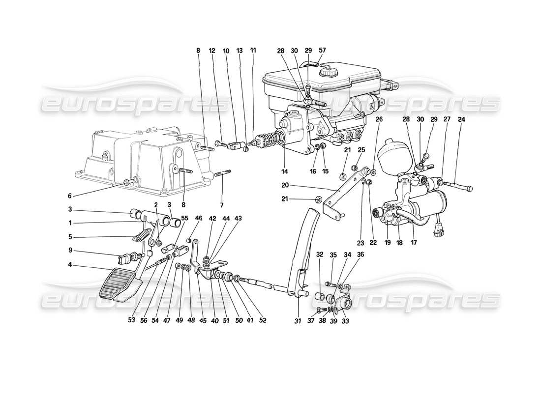 ferrari mondial 3.2 qv (1987) drosselklappensteuerung und hydraulisches bremssystem (für fahrzeuge mit antiblockiersystem - varianten für rh d-version) teilediagramm