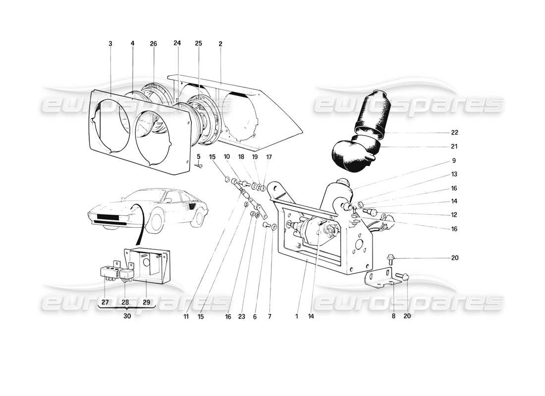 ferrari mondial 3.2 qv (1987) scheinwerferhebevorrichtung und scheinwerfer teilediagramm