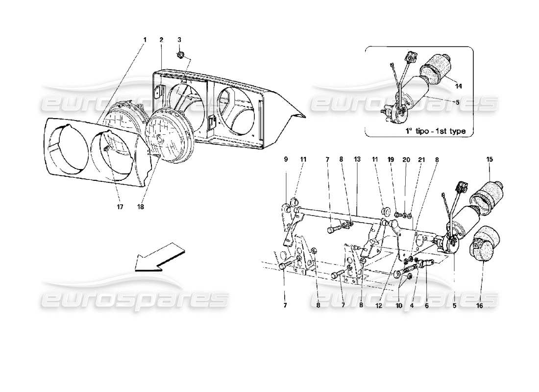 ferrari 512 tr teilediagramm der hebevorrichtung für den frontscheinwerfer