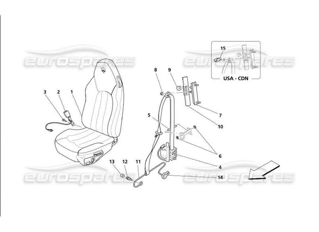 maserati 4200 gransport (2005) teilediagramm für vordersitze und sicherheitsgurte