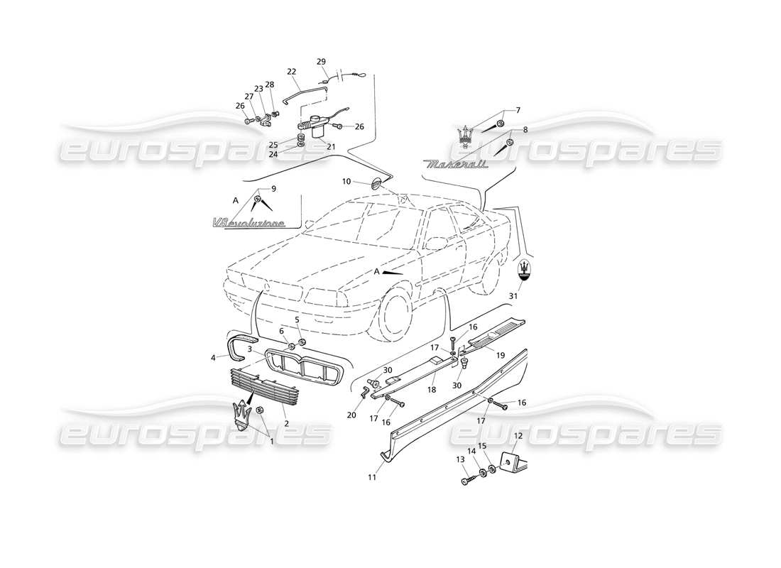 maserati qtp v8 evoluzione äußere veredelung – abzeichen teilediagramm