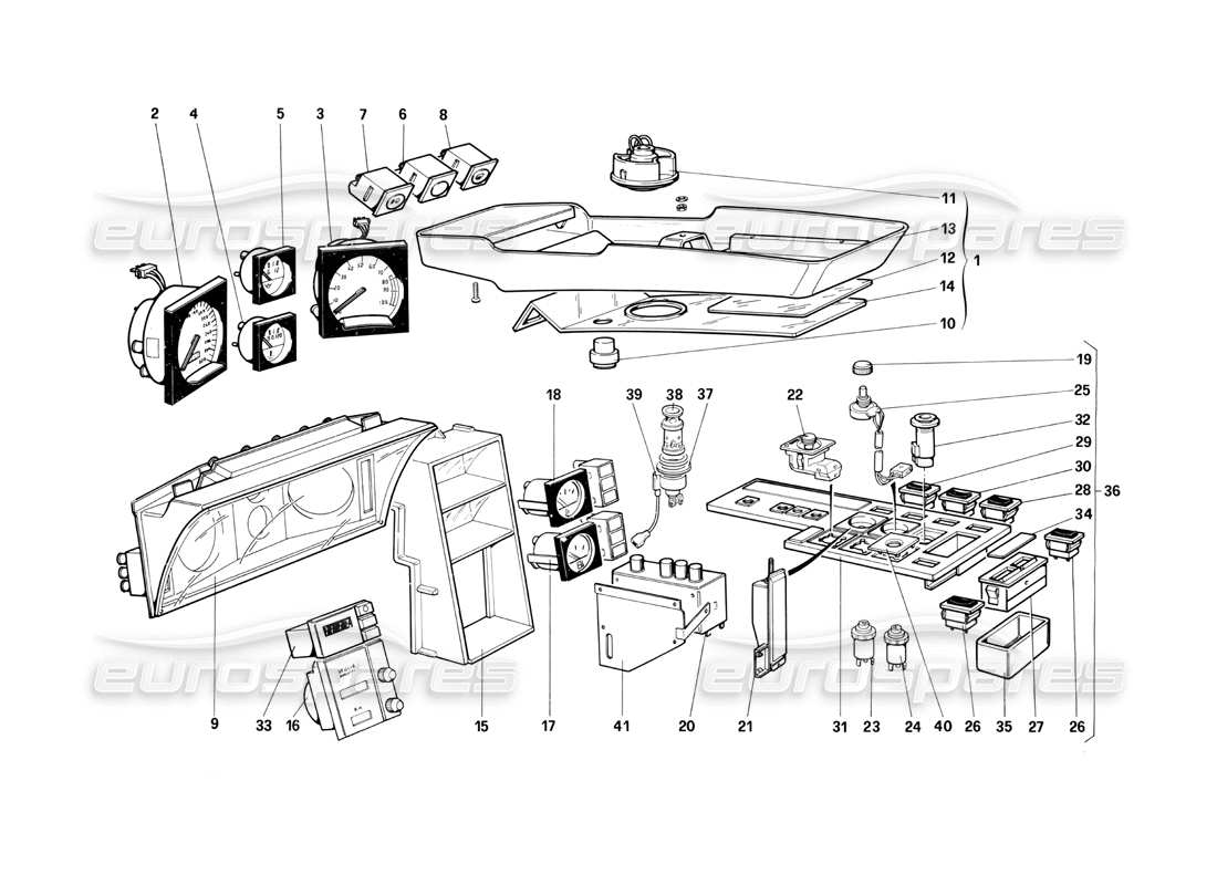 ferrari testarossa (1990) instrumente und innenraumzubehör (nicht für us-version) teilediagramm