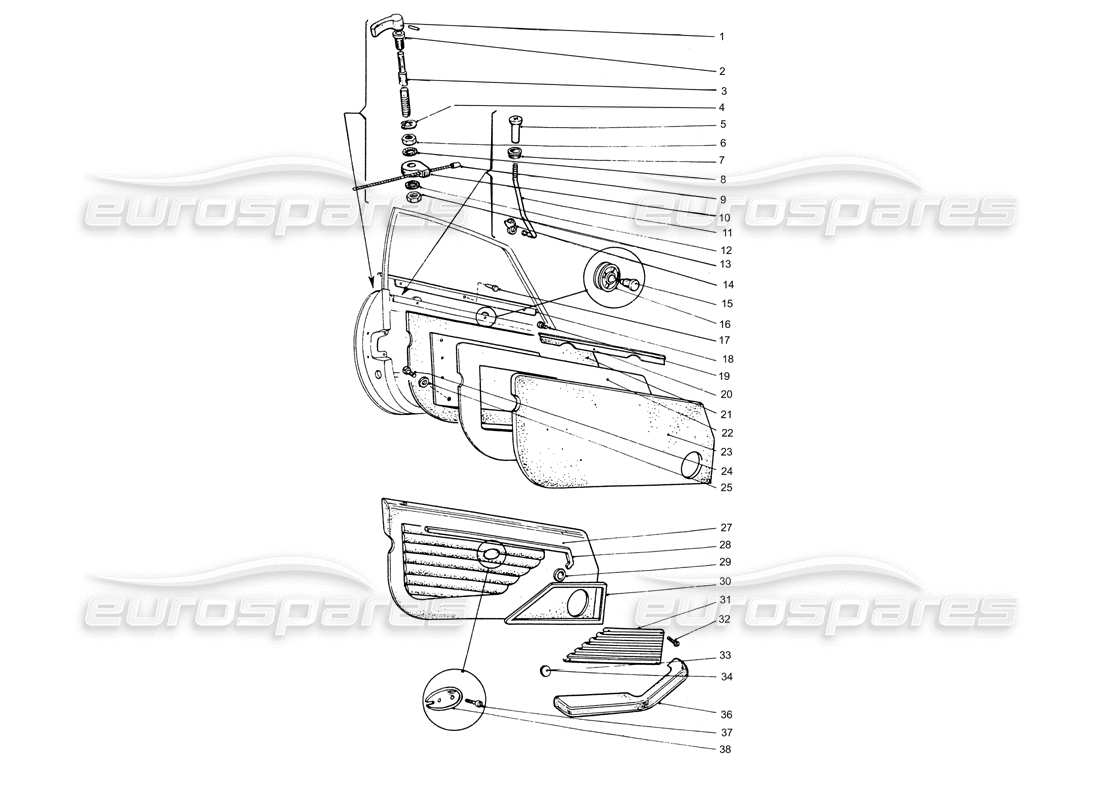 ferrari 365 gtb4 daytona (coachwork) teilediagramm für innere türverkleidungen und äußere griffe
