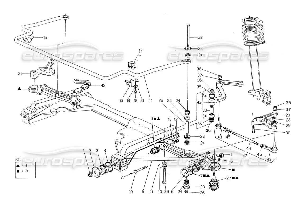 maserati 418 / 4.24v / 430 vordere aufhängung teilediagramm