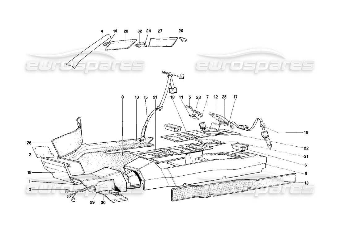 ferrari mondial 3.2 qv (1987) dach, tunnel und sicherheitsgurte - cabriolet-teilediagramm