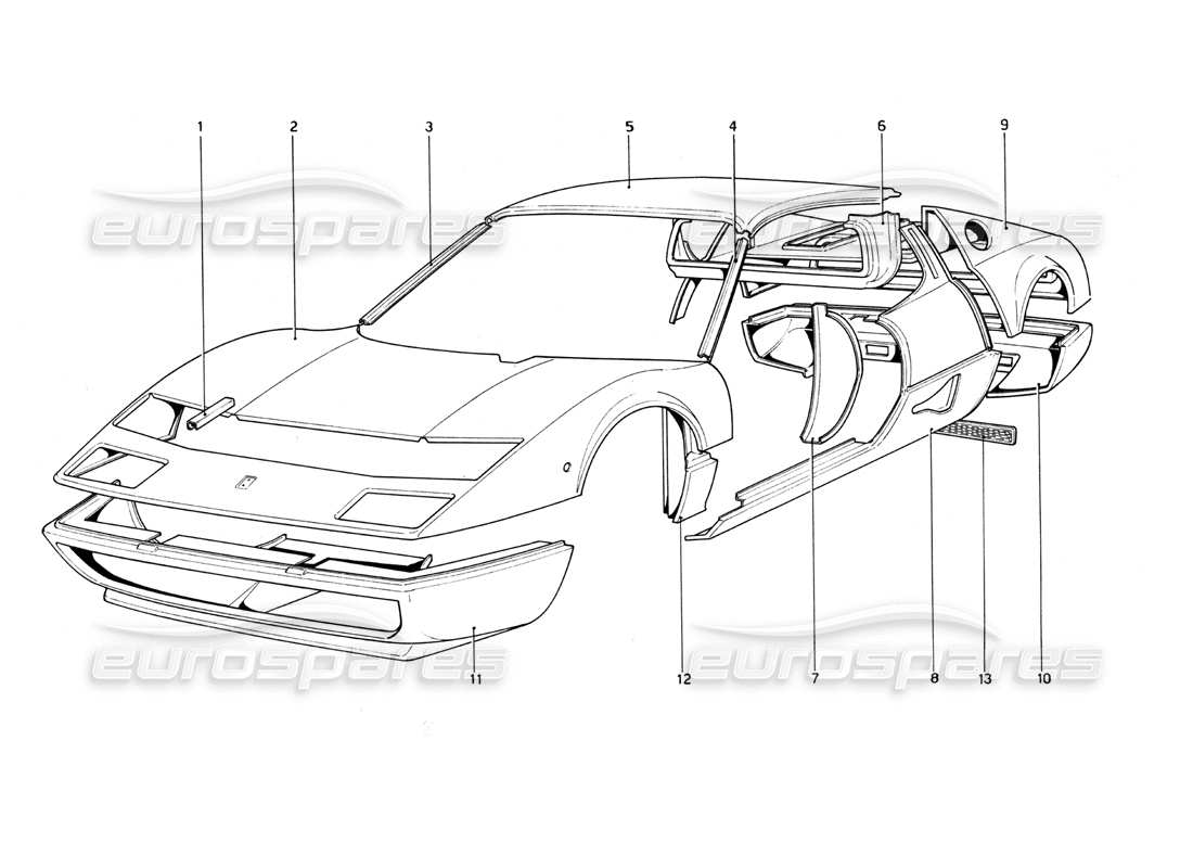 ferrari 512 bb karosserie - teilediagramm für außenelemente