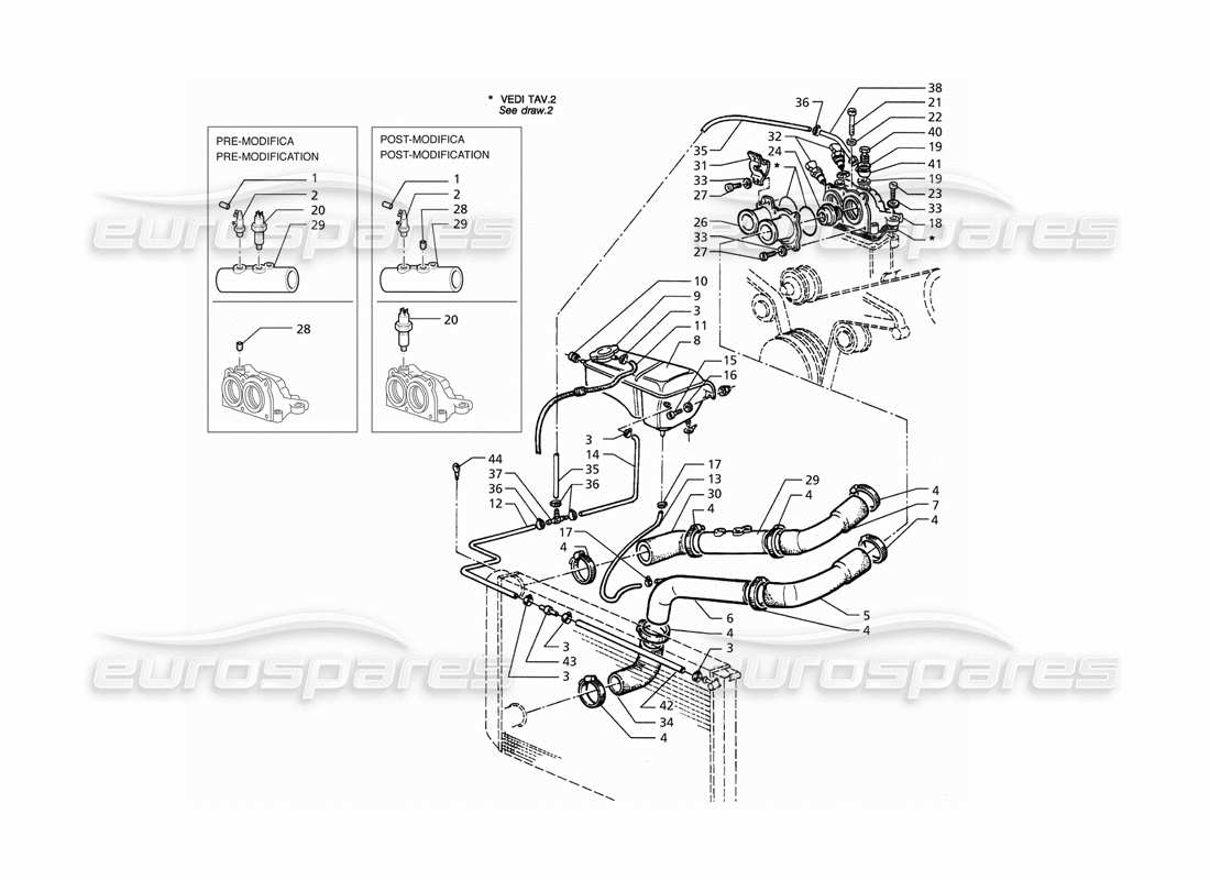 maserati qtp. 3.2 v8 (1999) teilediagramm für motorkühlrohre und thermostat