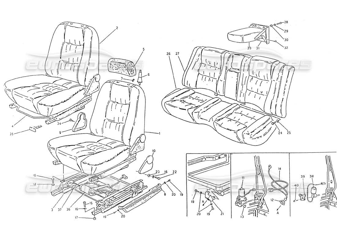 maserati 418 / 4.24v / 430 teilediagramm für vorder- und rücksitze