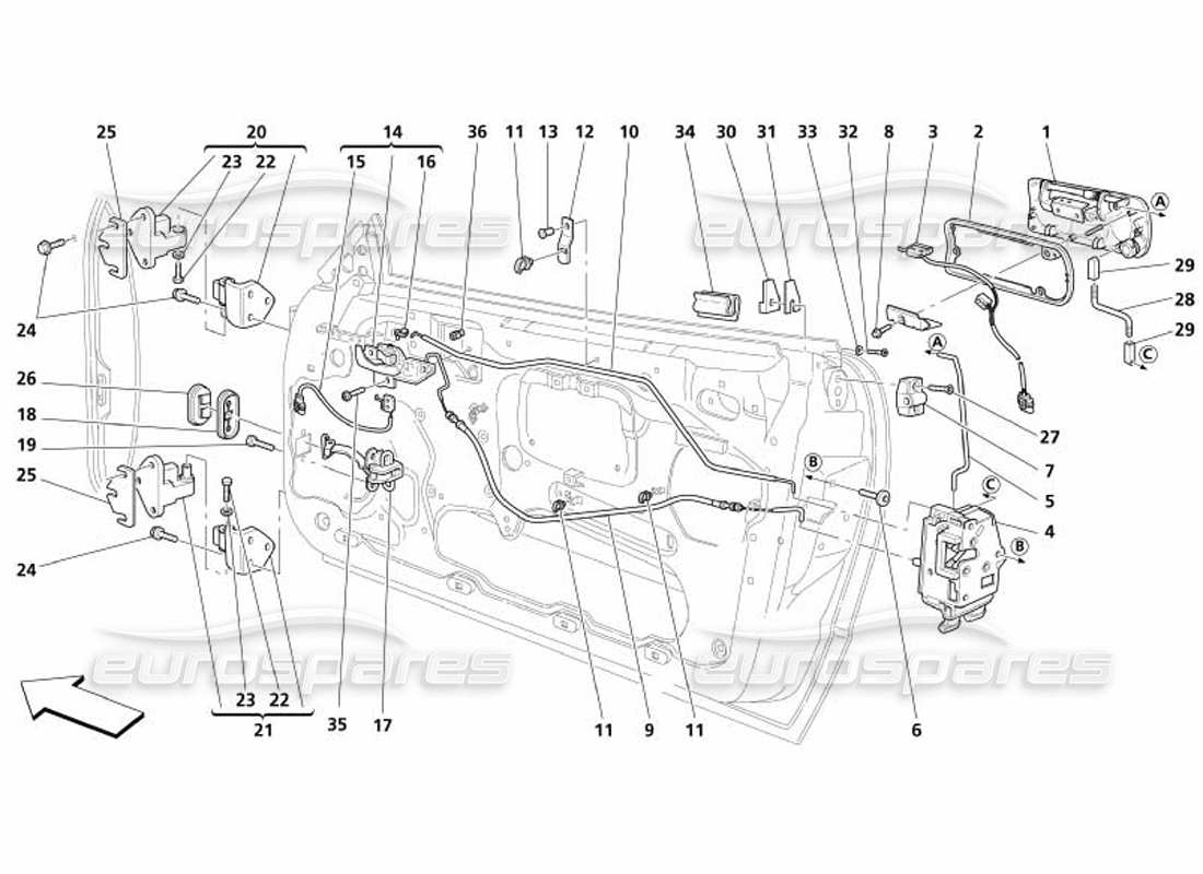 maserati 4200 spyder (2005) türen - teilediagramm für öffnungssteuerung und scharniere