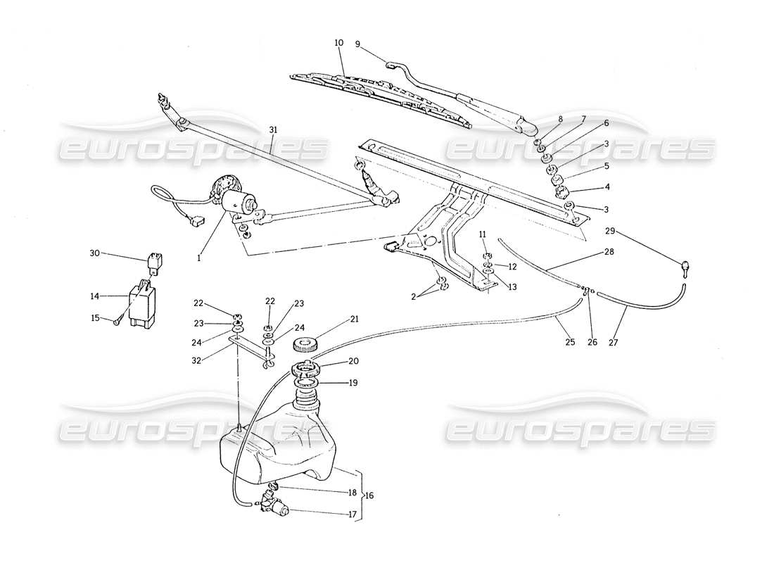 maserati karif 2.8 teilediagramm für scheibenwischer und scheibe (fahrzeuge mit linkslenkung).