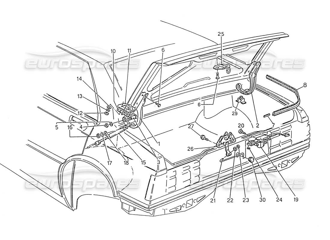 maserati 222 / 222e biturbo kofferraumdeckel: scharniere, teilediagramm zur kofferraumdeckelentriegelung