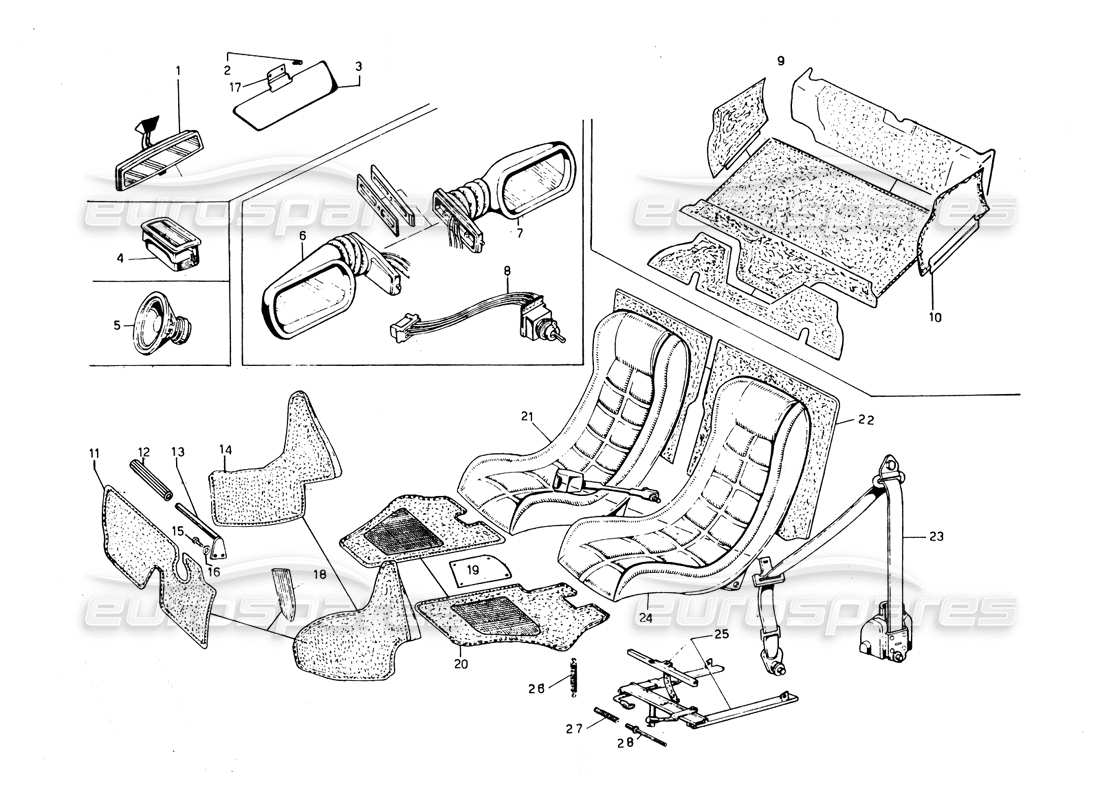 lamborghini countach 5000 qvi (1989) teilediagramm für sitze, zubehör und verkleidungen