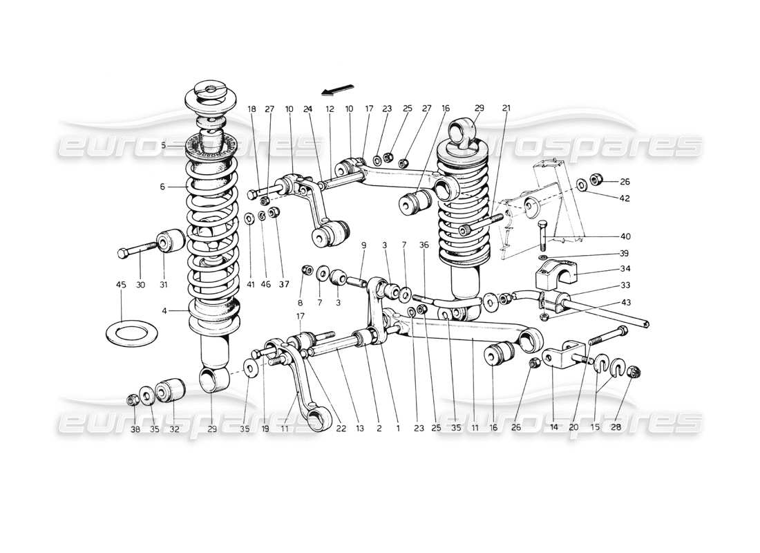 ferrari 512 bb hinterradaufhängung. teilediagramm für querlenker und stoßdämpfer