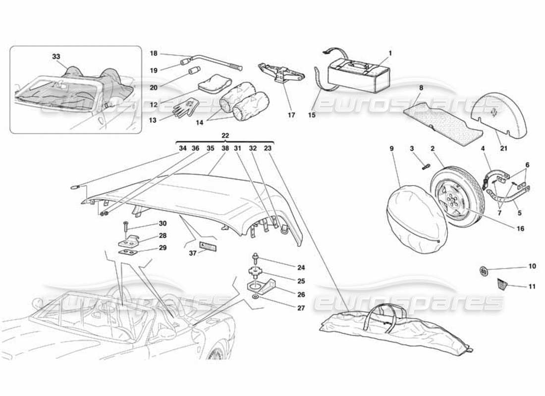 ferrari 550 barchetta capote - ersatzrad - werkzeugtasche und zubehör teilediagramm