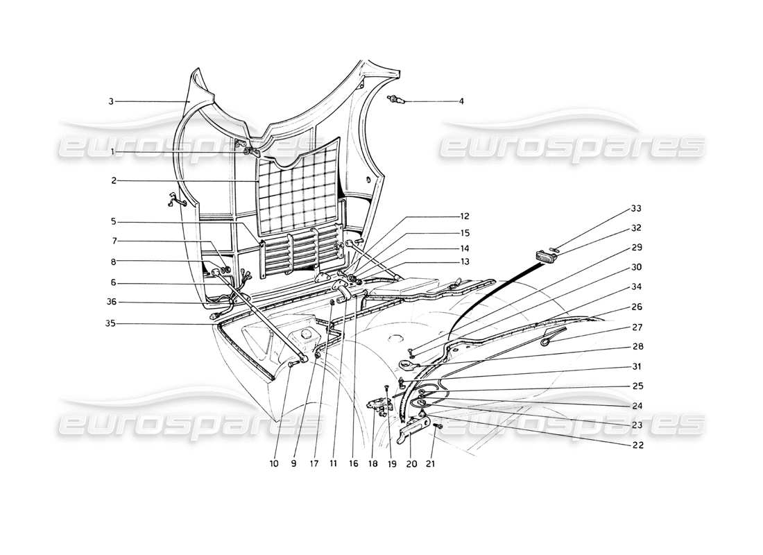 ferrari 512 bb teilediagramm des vorderen fachdeckels