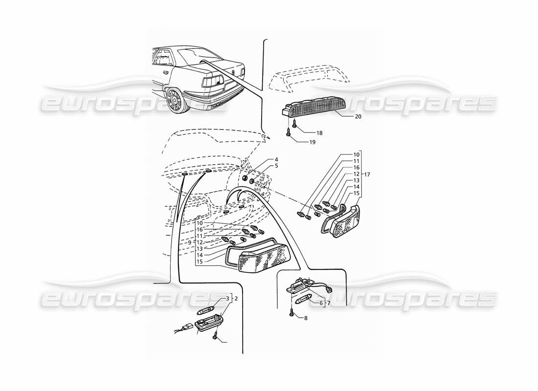 maserati qtp v6 (1996) teilediagramm für rücklichter