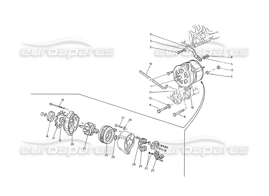 maserati biturbo 2.5 (1984) teilediagramm für lichtmaschine und halterung